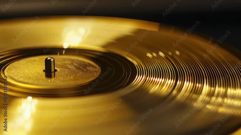 Poster a close-up shot of a golden record on a table, ideal for use in music-related contexts such as album