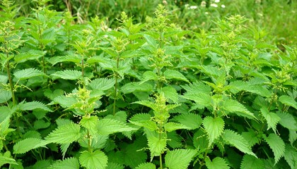 Lush green stinging nettles thriving in a natural outdoor environment