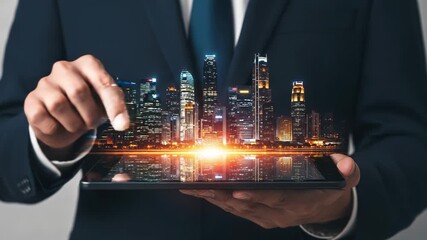 A businessman uses a digital tablet to interact with a holographic projection of a modern city skyline at night, symbolizing technological advancement and urban development - Powered by Adobe