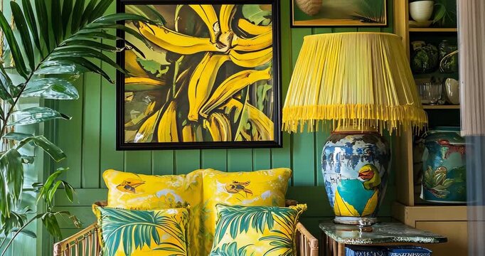 Static shot: Vibrant room with yellow and green decor, featuring a banana leaf painting and tropical plants.