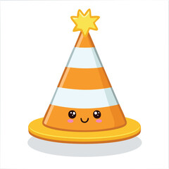 Traffic cone with party hat in kawaii-style vector illustration