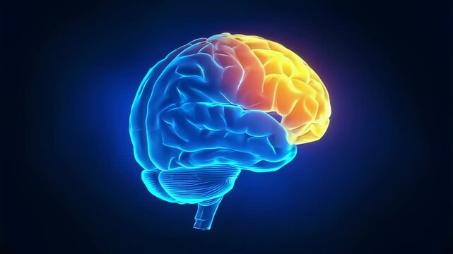 3D rendering of a human brain with highlighted areas on a dark blue background