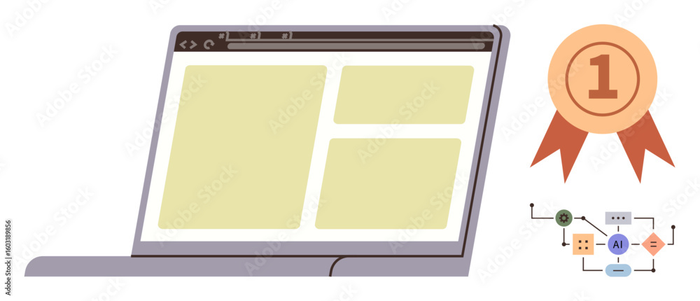 Aufkleber laptop displaying simplified dashboard, award ribbon symbolizing excellence, and ai workflow diagram