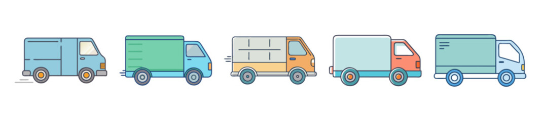 Fleet of Cartoon Delivery Trucks in Pastel Tones


