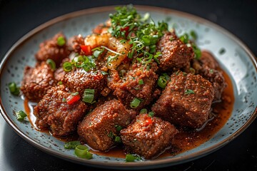 Delicious savory braised pork cubes, glazed in a rich sauce, garnished with herbs.