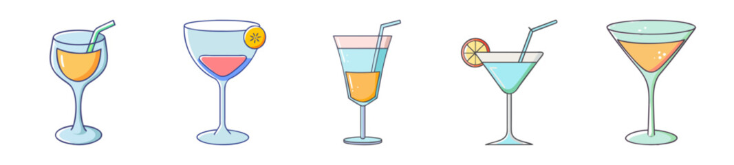 Stylized Cocktail Glasses with Colorful Beverages – Hand-Drawn Icon Set