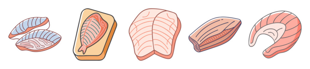 Fresh Fish Fillet Set – Cartoon Raw Seafood Cuts Illustration

