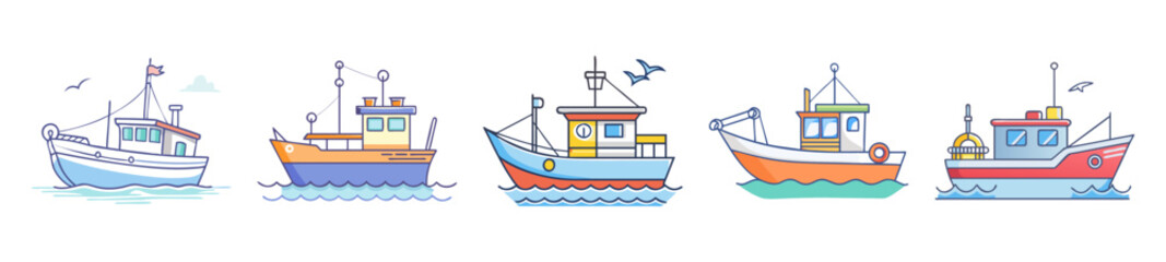 Obraz premium Fishing Boat Icons – Nautical Collection in Vibrant Illustration