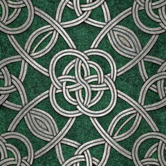 Seamless Celtic Knot Pattern with Silver Interlacing on Green Textured Background.
