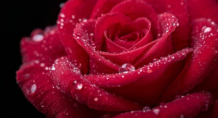 Close up of a vibrant red rose with water droplets against a dark background in sharp focus detail