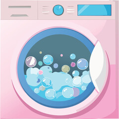 Washing machine with bubbles in kawaii-style vector illustration