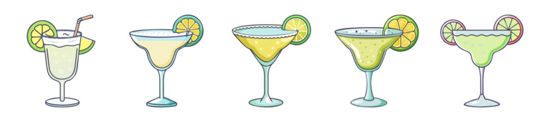 Fresh Margarita Cocktail Glasses with Lime – Vector Drink Icon Set