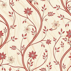 Elegant Red and Beige Floral Vine Seamless Pattern Background.