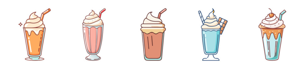 Creamy Milkshakes with Whipped Topping – Cartoon Style Set