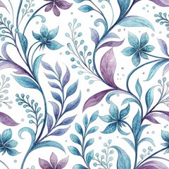 Elegant Blue and Purple Watercolor Botanical Seamless Pattern.