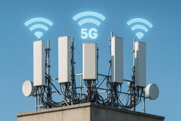 5G telecommunications tower with antennas and signal icons in a clear blue sky.