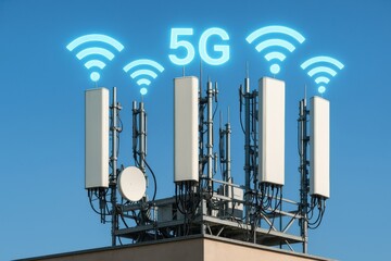 A 5G cellular communication tower with antennas and signal icons against a blue sky.