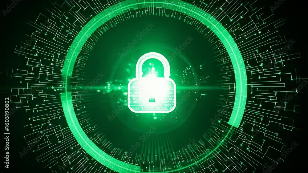 Poster digital security concept with glowing green padlock and circuit board background