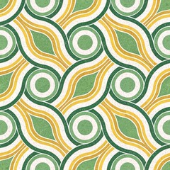 Retro Green and Gold Seamless Pattern with Wavy Lines and Circles.