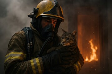 A firefighter in protective gear holds a cat, surrounded by smoke and flames.