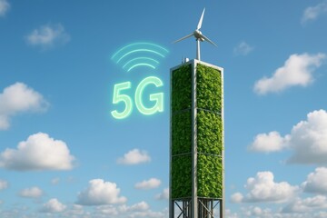 A modern tower with green foliage, featuring a wind turbine and a glowing "5G" signal.
