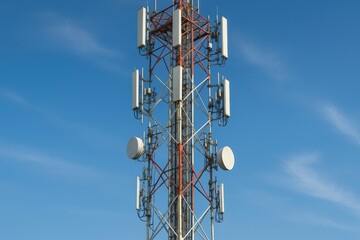 A tall telecommunications tower with antennas against a clear blue sky.
