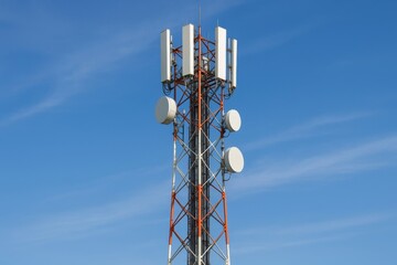 A telecommunications tower with antennas against a clear blue sky.