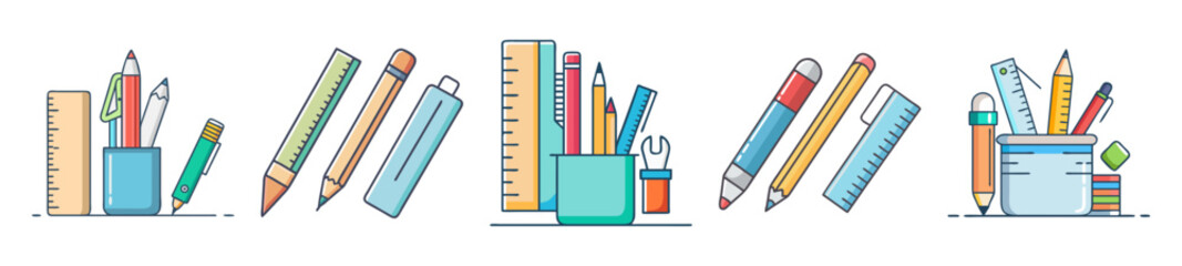 Creative Set of Cartoon Stationery Icons for Office and School Use

