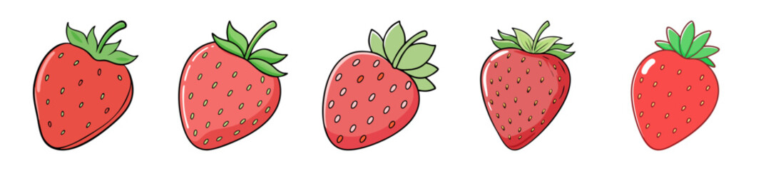Obraz premium Hand-Drawn Vector Collection of Ripe Red Strawberries with Green Leaves