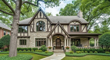 Charming tudor style stone house with manicured lawn and mature trees