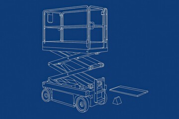 Blueprint illustration of a scissor lift with components on a blue background.