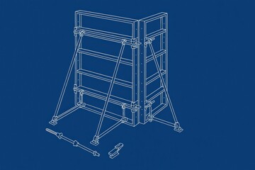 Blueprint illustration of a shelving unit with support braces and hardware components.
