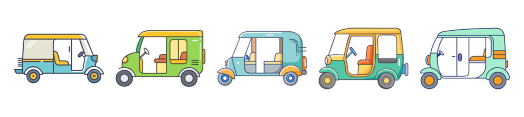 Auto Rickshaw Vector Set - Colorful Tuk Tuk Transport Illustrations