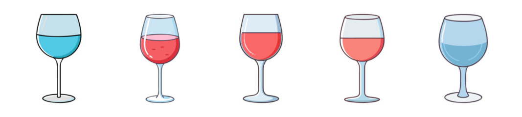 Stylized Wine Glasses with Colorful Drinks – Vector Beverage Set