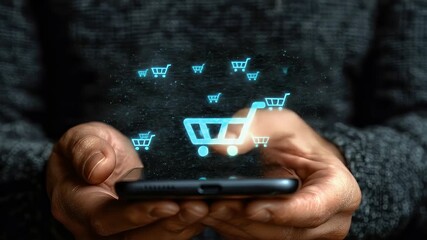 Person holding smartphone with digital shopping carts floating above the device - Powered by Adobe