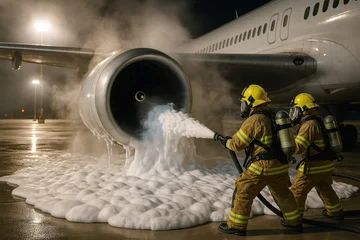 Firefighters applying foam to an aircraft engine during an emergency response operation. © Vadim Pushenko