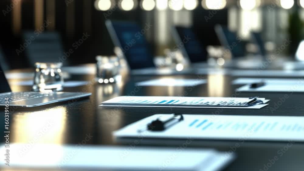 Poster a conference table with multiple laptops and devices ready for use