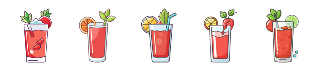 Refreshing Red Cocktails Collection with Garnishes – Vector Beverage Set