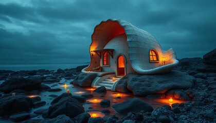 A seashell-shaped dwelling sitting like a relic atop glowing tide pools, its walls humming with candle warmth and sea hush.
