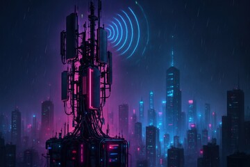 Futuristic cityscape featuring a telecommunications tower with neon lights and rain.