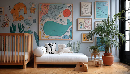 A calm and spacious children's room with a sea turtle theme. Minimalist design and natural light make it ideal for interior design stock photos.