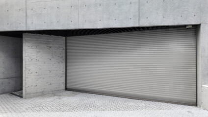 A large white metal car garage door on a concrete house. The modern luxury automotive building has a grey concrete driveway entrance.