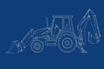 Outline illustration of a backhoe loader on a blue background.