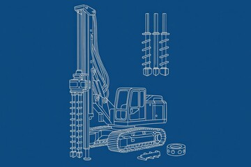 Outline illustration of a drill rig with drill bits and components on a blue background.