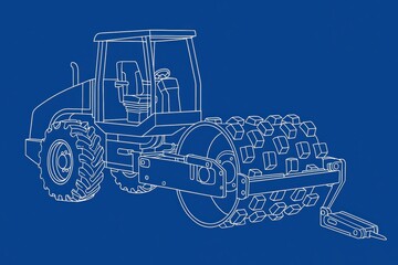 Outline illustration of a heavy-duty roller with large wheels on a blue background.