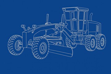 Outline illustration of a motor grader on a blue background.