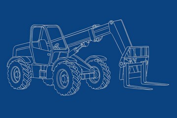 Outline illustration of a telescopic forklift on a blue background.