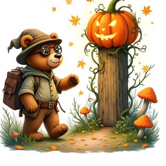 Fototapeta premium Explorer Teddy Bear Finds Enchanted Pumpkin Totem – Autumn Halloween Scene
