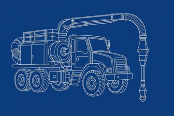 Outline illustration of a vacuum truck on a blue background.