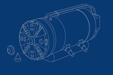 Technical blueprint of a cylindrical device with attachments and components.